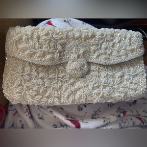 La Regale Beaded Cream Satin Clutch